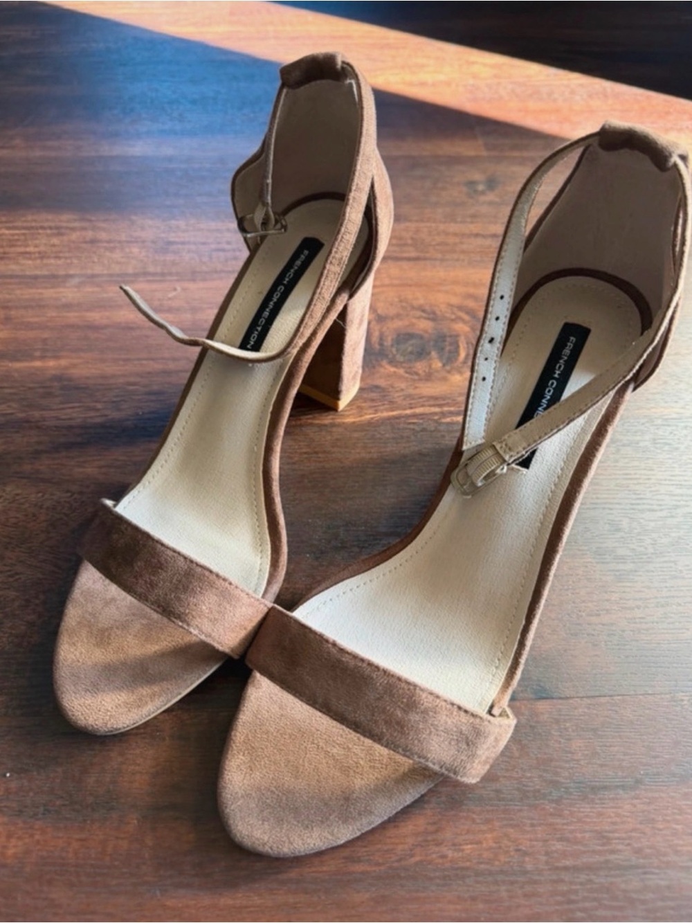 French Connection Brown Suede Block Heel Ankle-Strap Sandals
